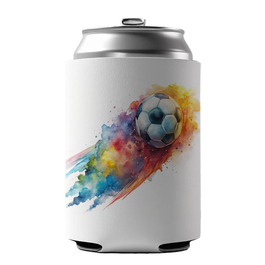 Soccer Ball Rocketing Through The Air Watercolor Can Cooler Beer Soda Drink Insulated Holder Sleeve Hugger