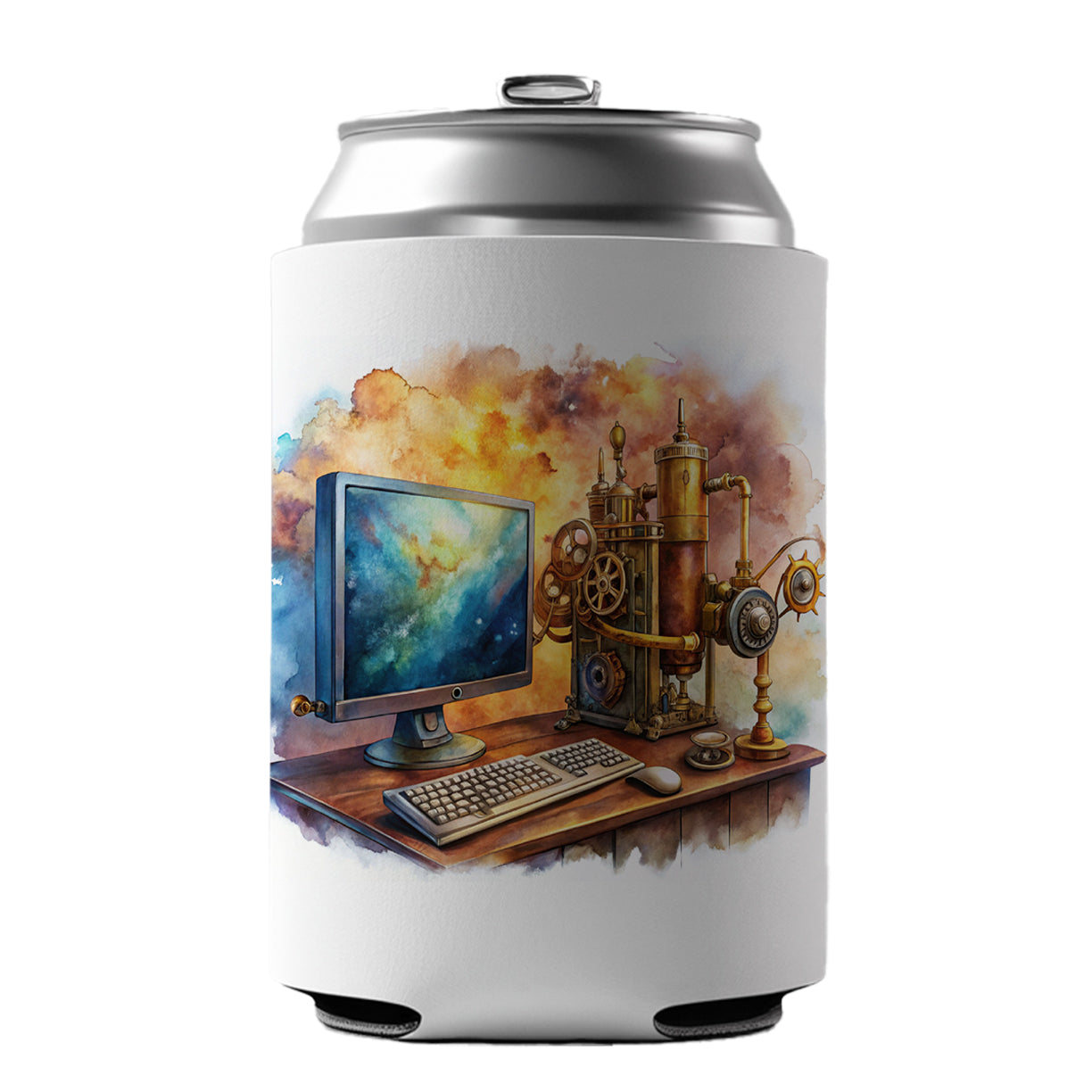 Steampunk Desktop PC Computer Fantasy Sci-fi Watercolor Can Cooler Beer Soda Drink Insulated Holder Sleeve Hugger