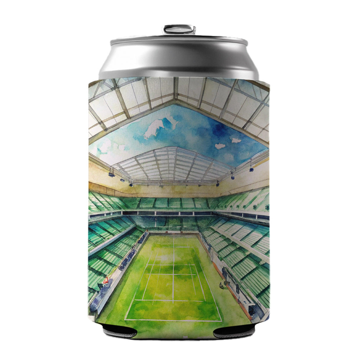 Tennis Stadium Center Court Watercolor Can Cooler Beer Soda Drink Insulated Holder Sleeve Hugger