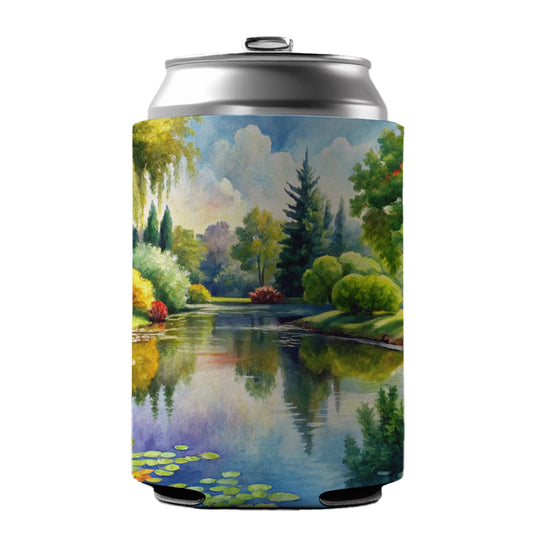 Tranquil Pond Scene Watercolor Can Cooler Beer Soda Drink Insulated Holder Sleeve Hugger