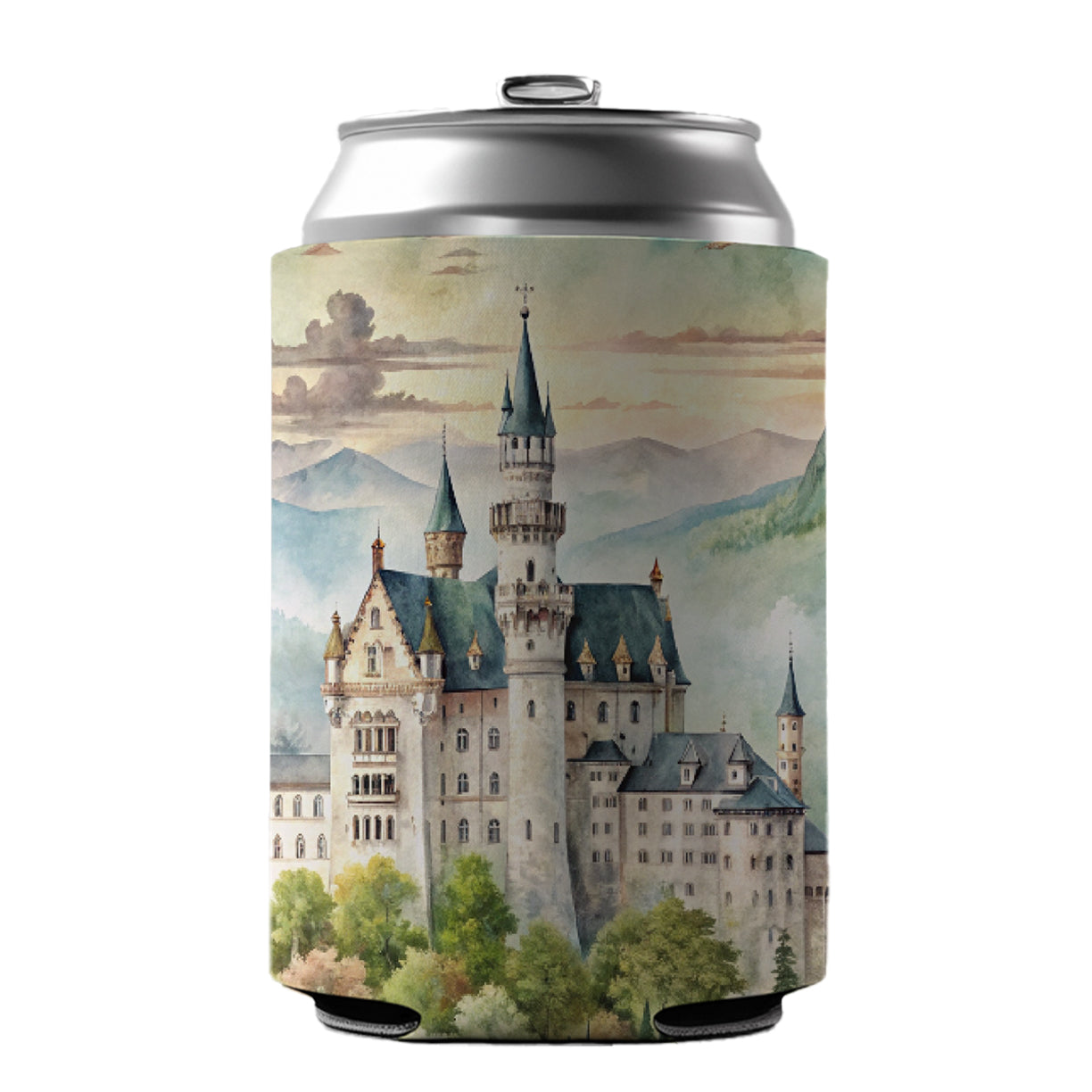 German Castle Watercolor Beautiful Neuschwanstein Can Cooler Beer Soda Drink Insulated Holder Sleeve Hugger