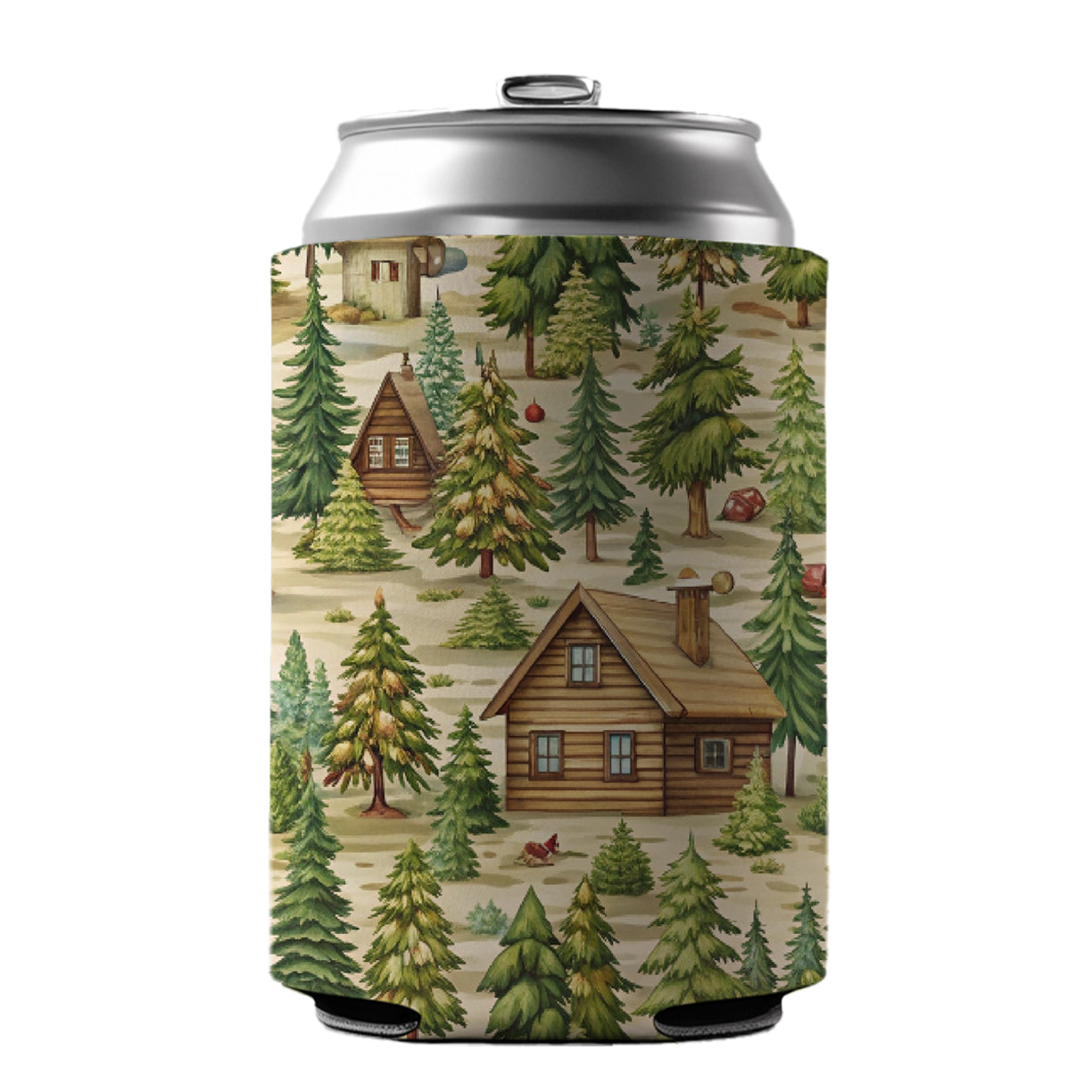 Log Cabin In Forest Pattern Can Cooler Beer Soda Drink Insulated Holder Sleeve Hugger