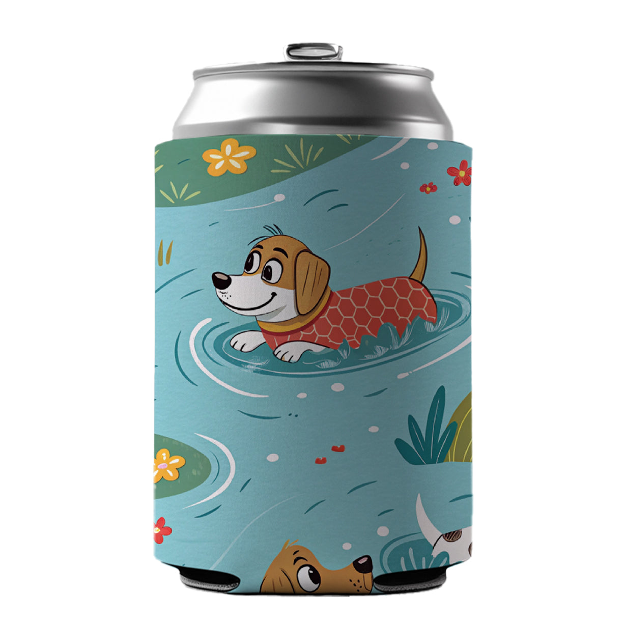 Dogs Swimming Playing In Pond Can Cooler Beer Soda Drink Insulated Holder Sleeve Hugger