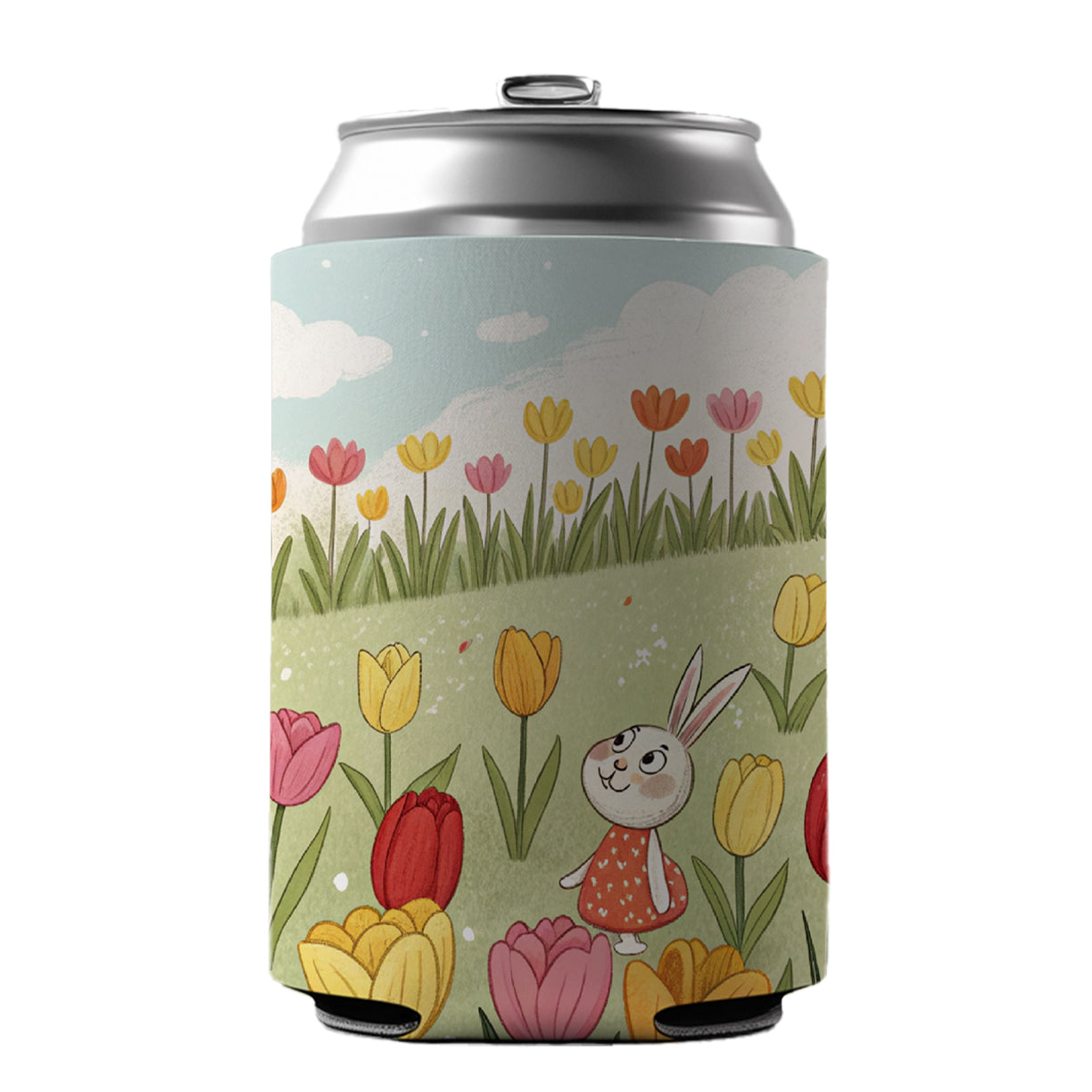 Field Of Tulips And Bunny Flowers Can Cooler Beer Soda Drink Insulated Holder Sleeve Hugger