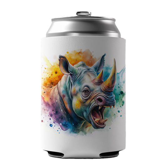 Angry Rhino Rhinoceros Watercolor Can Cooler Beer Soda Drink Insulated Holder Sleeve Hugger