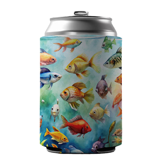 Aquarium Full Of Fish Watercolor Can Cooler Beer Soda Drink Insulated Holder Sleeve Hugger