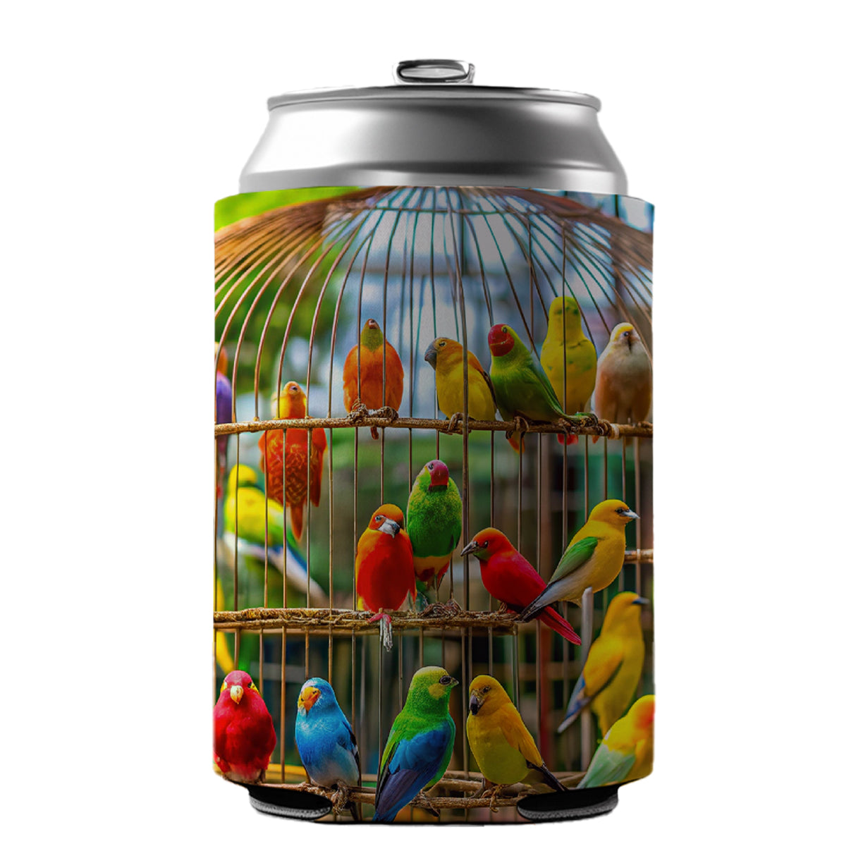 Bird Cage with Canaries Can Cooler Beer Soda Drink Insulated Holder Sleeve Hugger