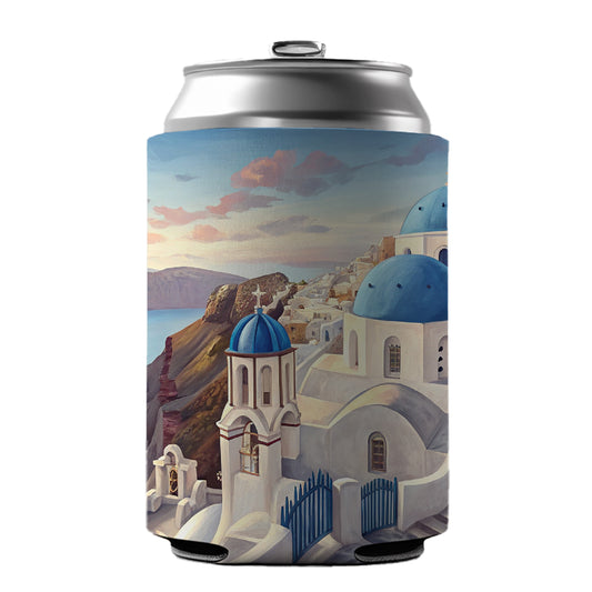 Blue Domes Of Oia Santorini Greece Aegean Sea Can Cooler Beer Soda Drink Insulated Holder Sleeve Hugger
