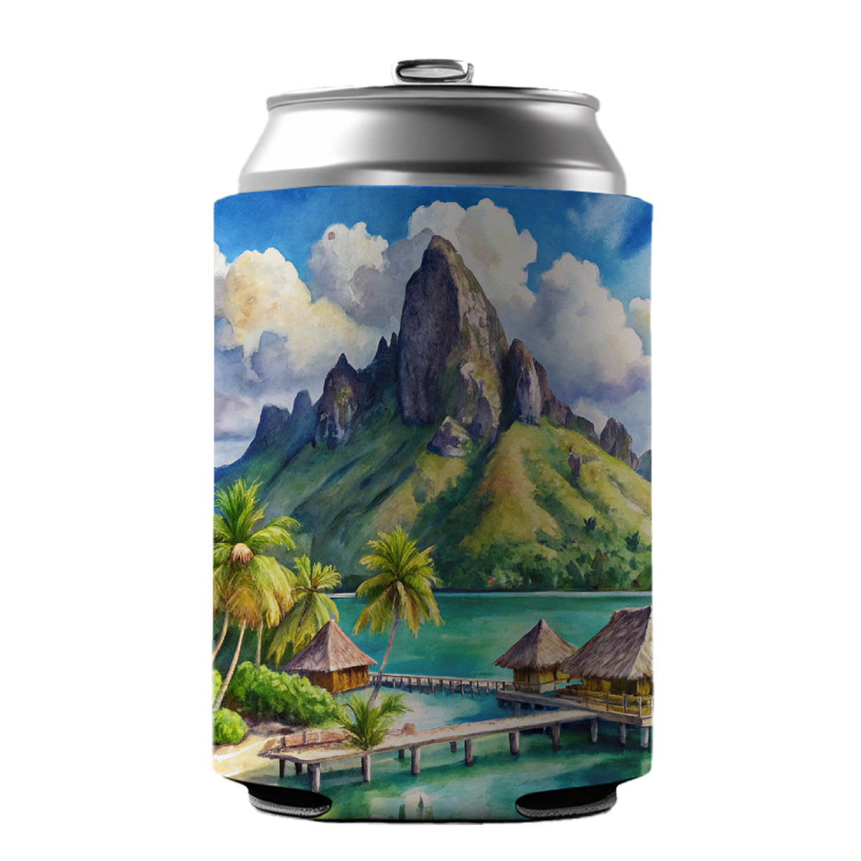Bora Bora French Polynesia Watercolor Can Cooler Beer Soda Drink Insulated Holder Sleeve Hugger