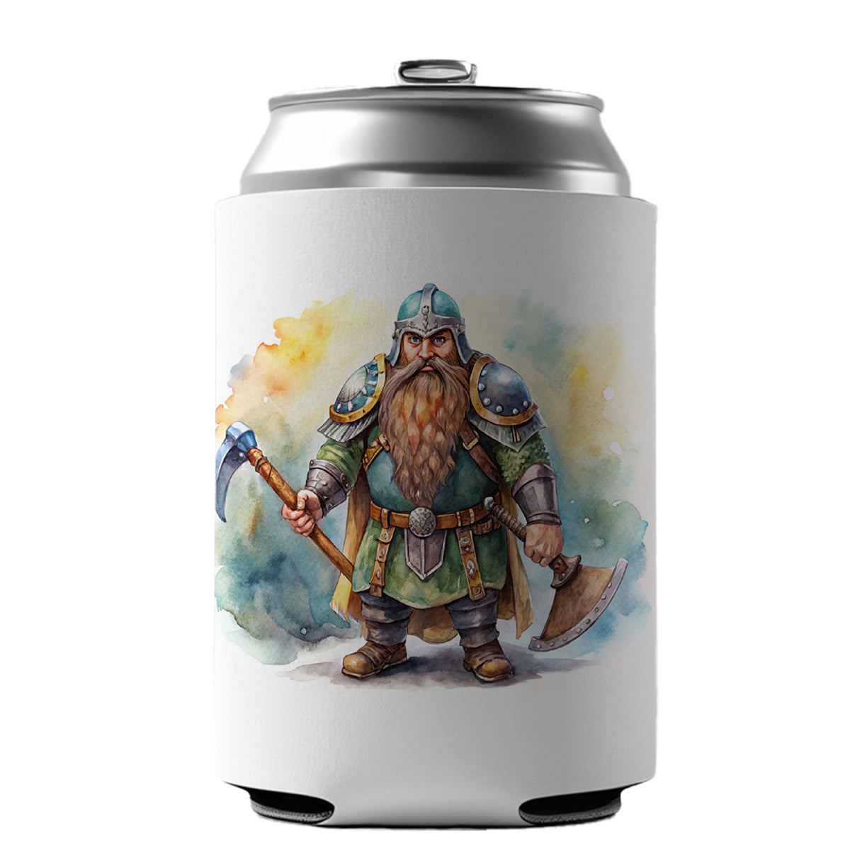 Fantasy Dwarf Fighter Warrior Tank Watercolor Can Cooler Beer Soda Drink Insulated Holder Sleeve Hugger