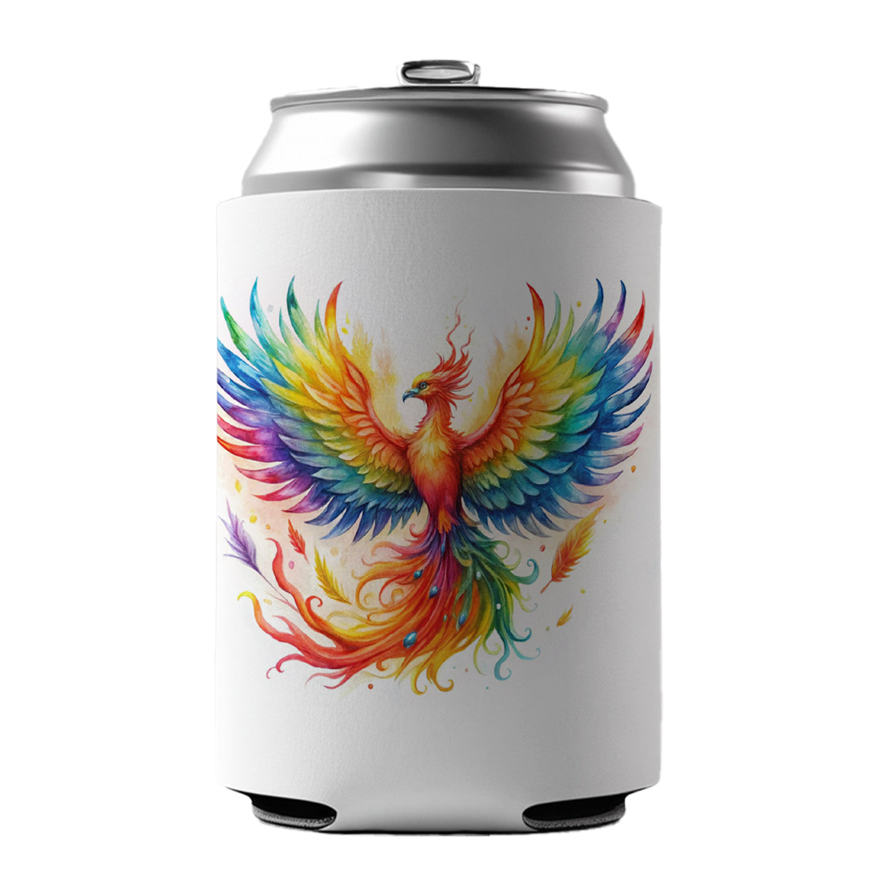 Flaming Rainbow Phoenix Rising Fantasy Watercolor Can Cooler Beer Soda Drink Insulated Holder Sleeve Hugger