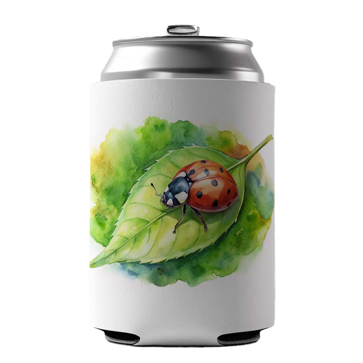 Ladybug On Leaf Watercolor Can Cooler Beer Soda Drink Insulated Holder Sleeve Hugger