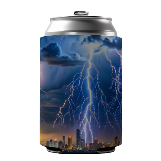 Lighting Strikes Over City At Night Can Cooler Beer Soda Drink Insulated Holder Sleeve Hugger