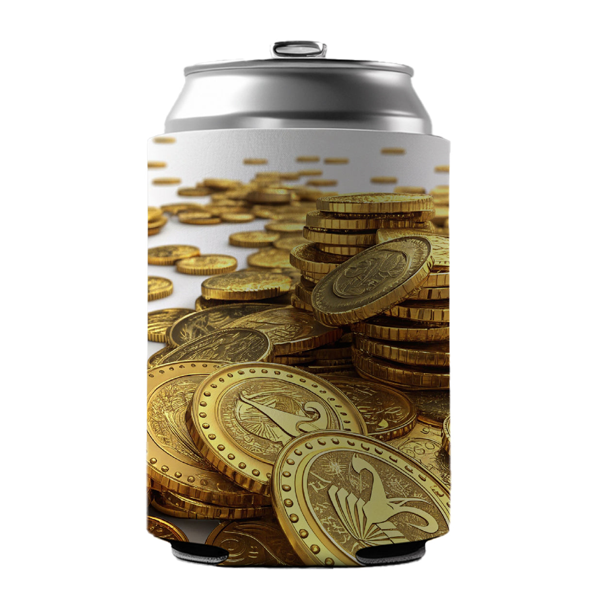 Lots of Gold Coins Can Cooler Beer Soda Drink Insulated Holder Sleeve Hugger