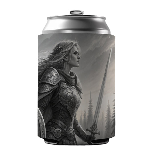 Nordic Viking Fantasy Woman Warrior Black And White Can Cooler Beer Soda Drink Insulated Holder Sleeve Hugger