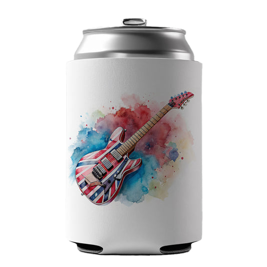 Red White Blue Rock and Roll Guitar Watercolor Can Cooler Beer Soda Drink Insulated Holder Sleeve Hugger