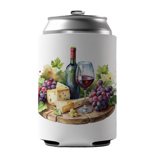 Wine Cheese Grapes on Board Watercolor Can Cooler Beer Soda Drink Insulated Holder Sleeve Hugger