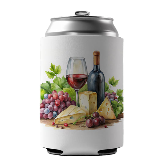 Wine Cheese Grapes Watercolor Can Cooler Beer Soda Drink Insulated Holder Sleeve Hugger