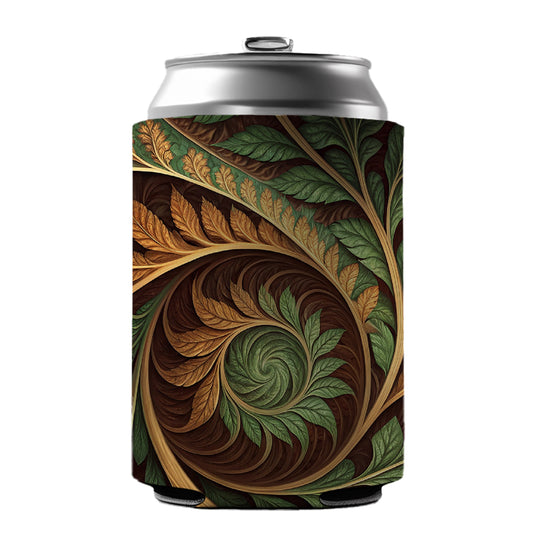 Abstract Brown Green Leaves Swirl Can Cooler Beer Soda Drink Insulated Holder Sleeve Hugger