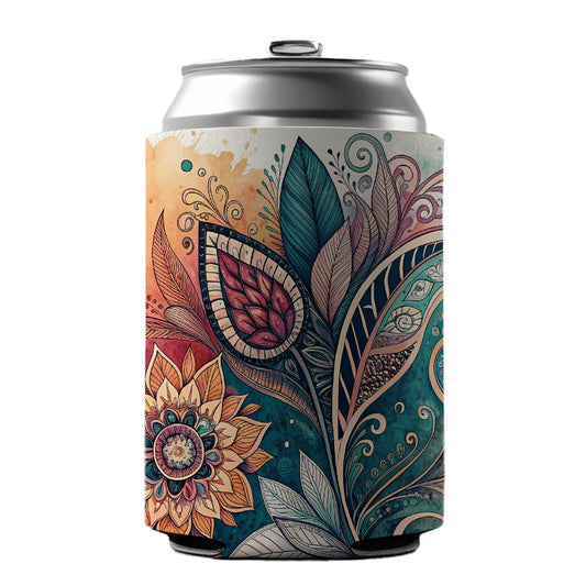 Abstract Deco Floral Leaves Swirl Design Can Cooler Beer Soda Drink Insulated Holder Sleeve Hugger