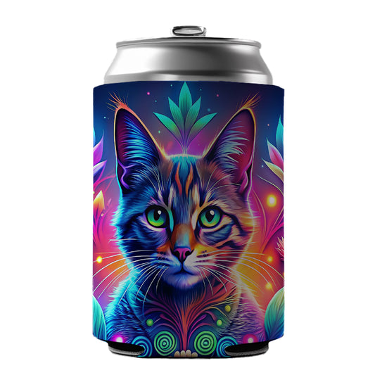 Abstract Neon Cat And Floral Design Can Cooler Beer Soda Drink Insulated Holder Sleeve Hugger
