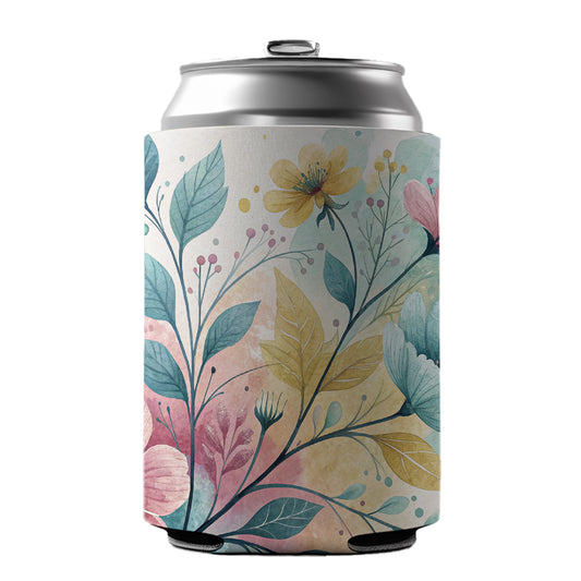 Abstract Pastel Flowers Leaves Design Can Cooler Beer Soda Drink Insulated Holder Sleeve Hugger