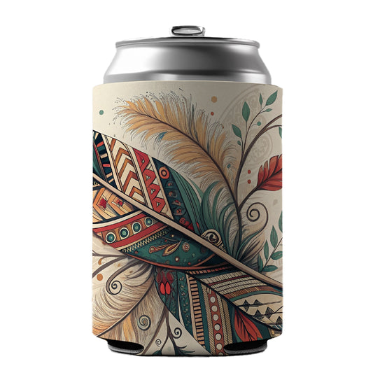 Abstract Southwestern Feather Leaf Design Can Cooler Beer Soda Drink Insulated Holder Sleeve Hugger