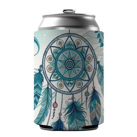 Abstract Teal Blue Dream Catcher Southwestern Design Can Cooler Beer Soda Drink Insulated Holder Sleeve Hugger