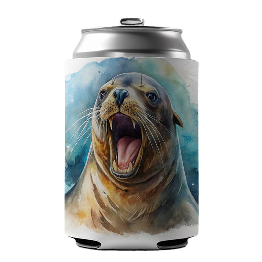 Angry Sea Lion Watercolor Can Cooler Beer Soda Drink Insulated Holder Sleeve Hugger