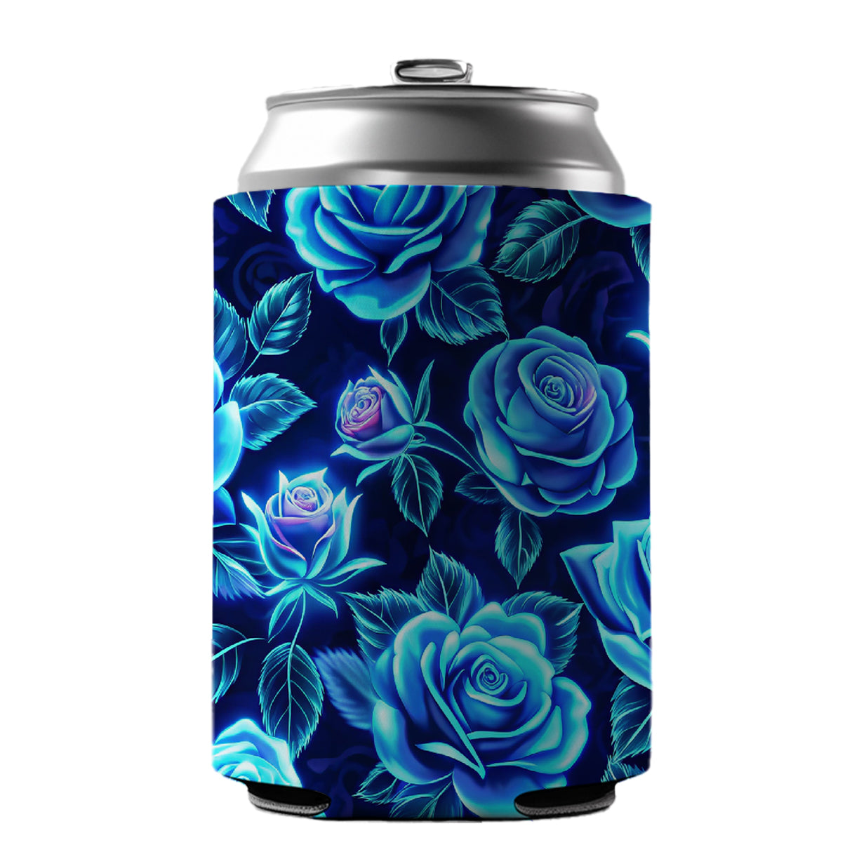 Blue Neon Rose Floral Pattern Can Cooler Beer Soda Drink Insulated Holder Sleeve Hugger