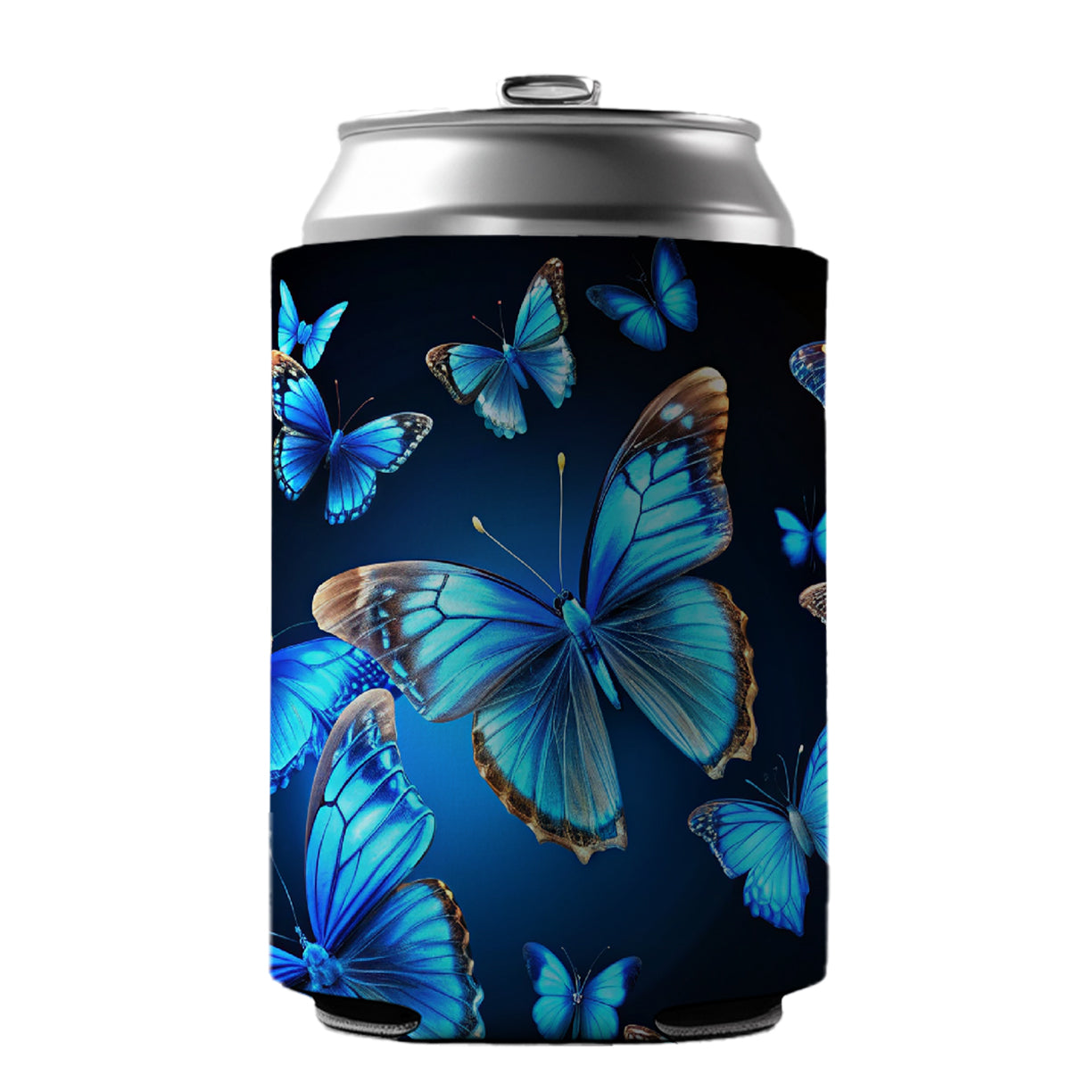 Bright Neon Blue Butterflies Can Cooler Beer Soda Drink Insulated Holder Sleeve Hugger