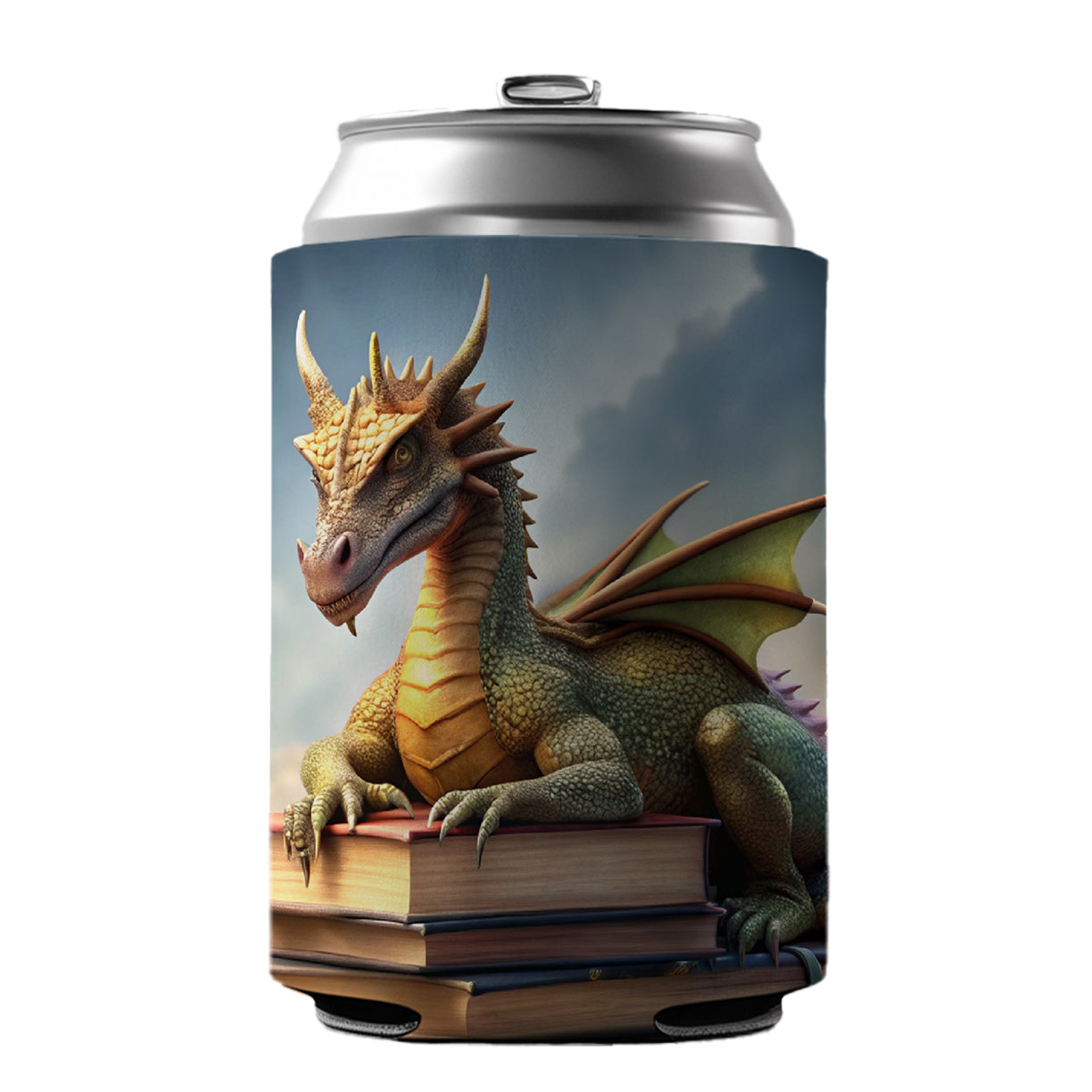 Dragon Laying On Top Of Books Reading Can Cooler Beer Soda Drink Insulated Holder Sleeve Hugger