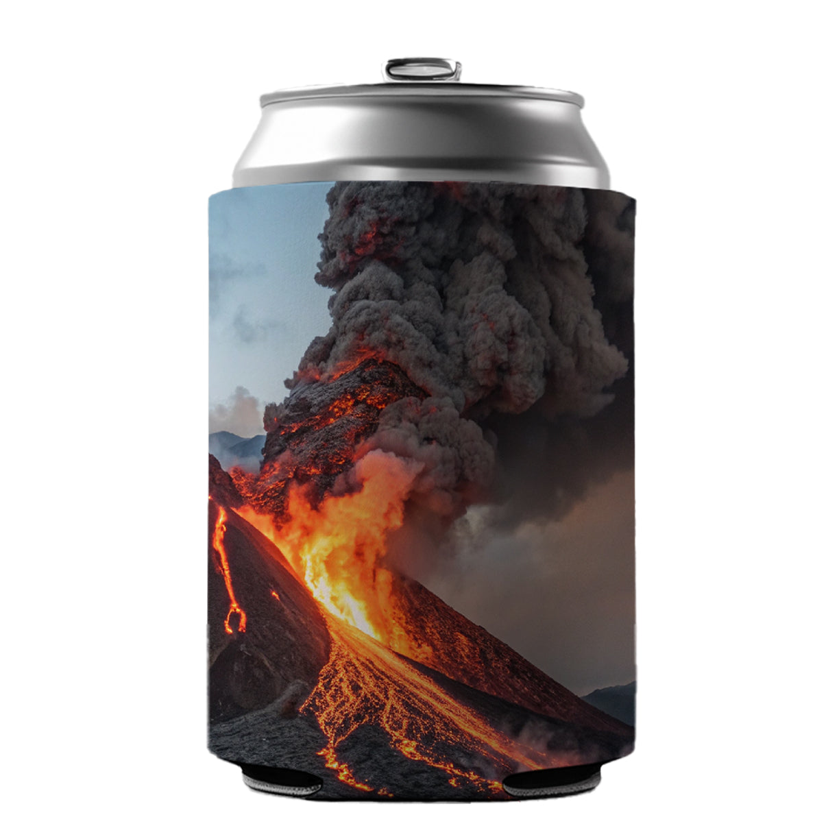 Erupting Volcano with Lava Trails Can Cooler Beer Soda Drink Insulated Holder Sleeve Hugger