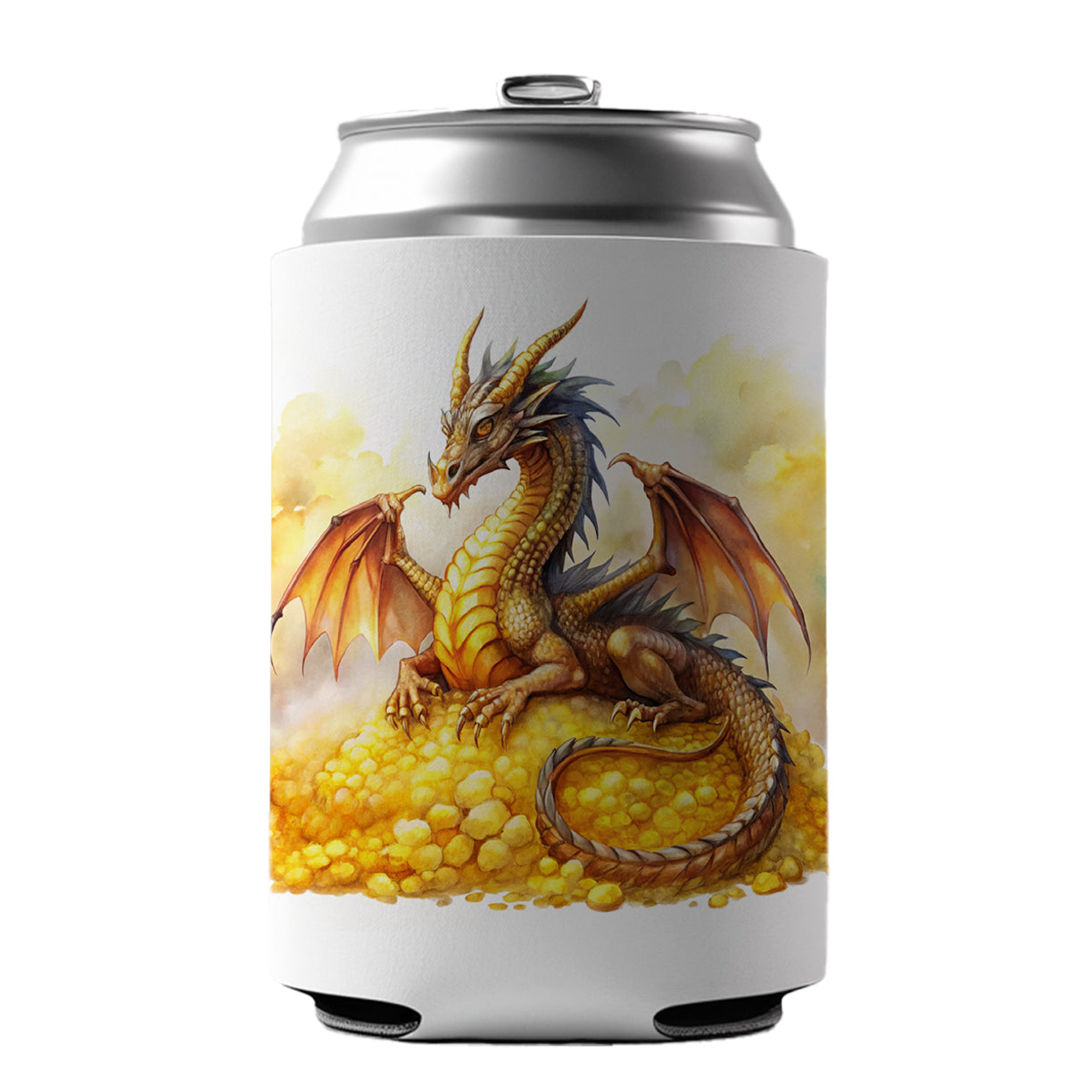 Fantasy Dragon Laying on Gold Watercolor Can Cooler Beer Soda Drink Insulated Holder Sleeve Hugger