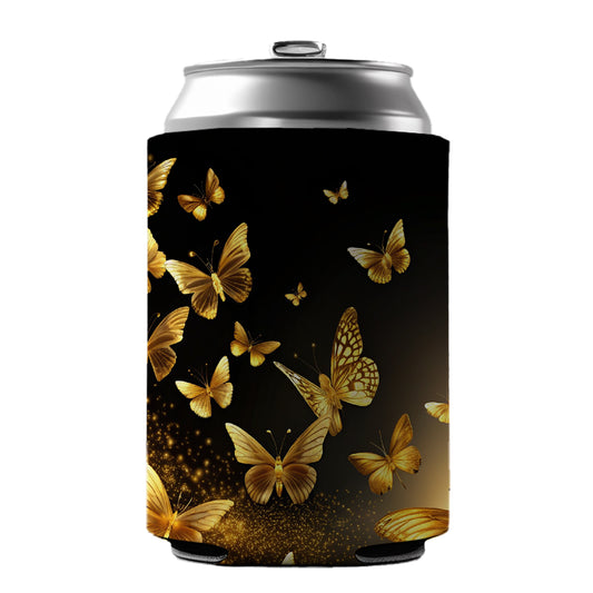 Gold Butterflies Flying Can Cooler Beer Soda Drink Insulated Holder Sleeve Hugger