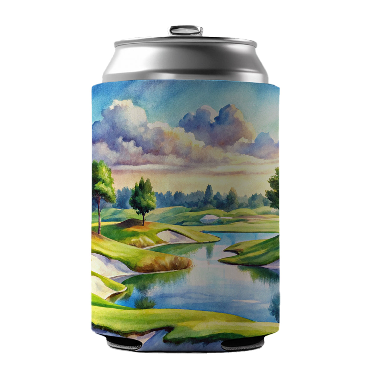 Golf Course With Sand Traps And Lake Watercolor Can Cooler Beer Soda Drink Insulated Holder Sleeve Hugger