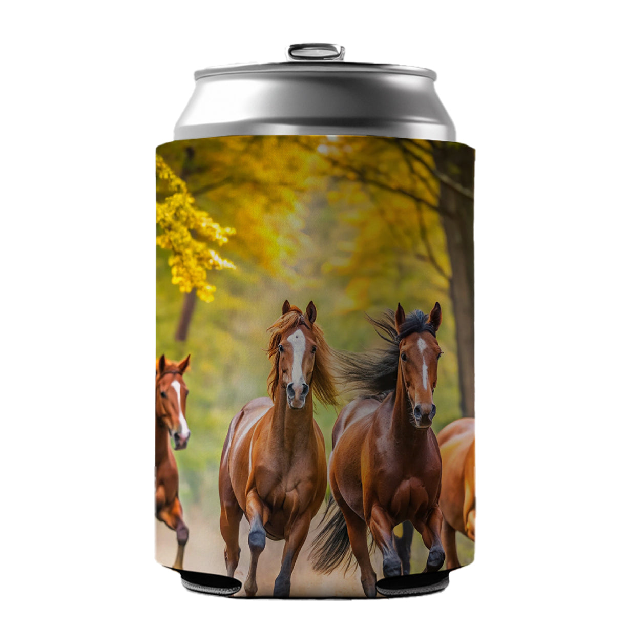 Horses Galloping Through The Forest Can Cooler Beer Soda Drink Insulated Holder Sleeve Hugger