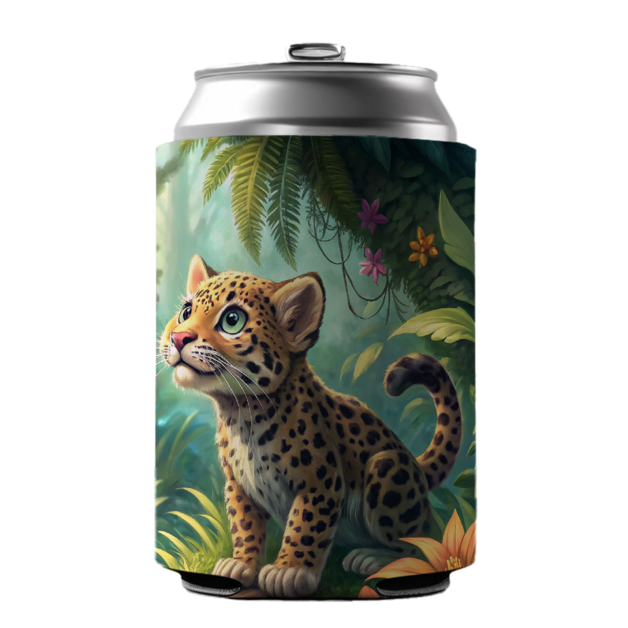 Jaguar Cat In Jungle Children's Illustration Style Can Cooler Beer Soda Drink Insulated Holder Sleeve Hugger