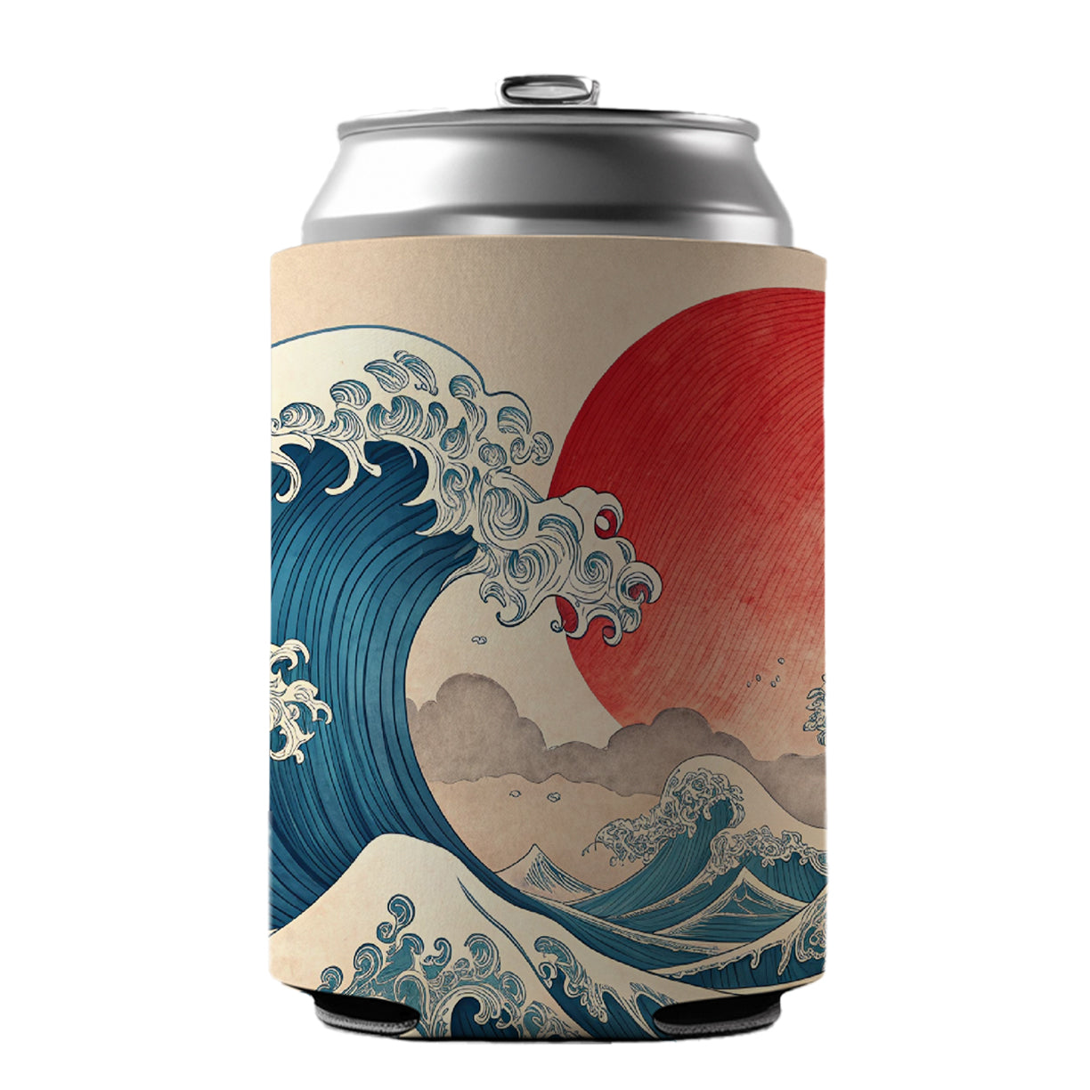 Japanese Blue Ocean Waves Large Sun Can Cooler Beer Soda Drink Insulated Holder Sleeve Hugger