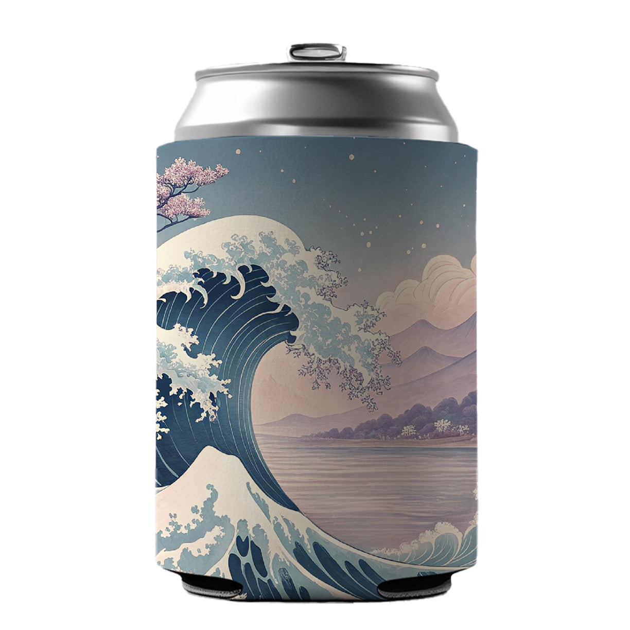 Japanese Blue Pink Ocean Waves and Sakura Blossoms Can Cooler Beer Soda Drink Insulated Holder Sleeve Hugger