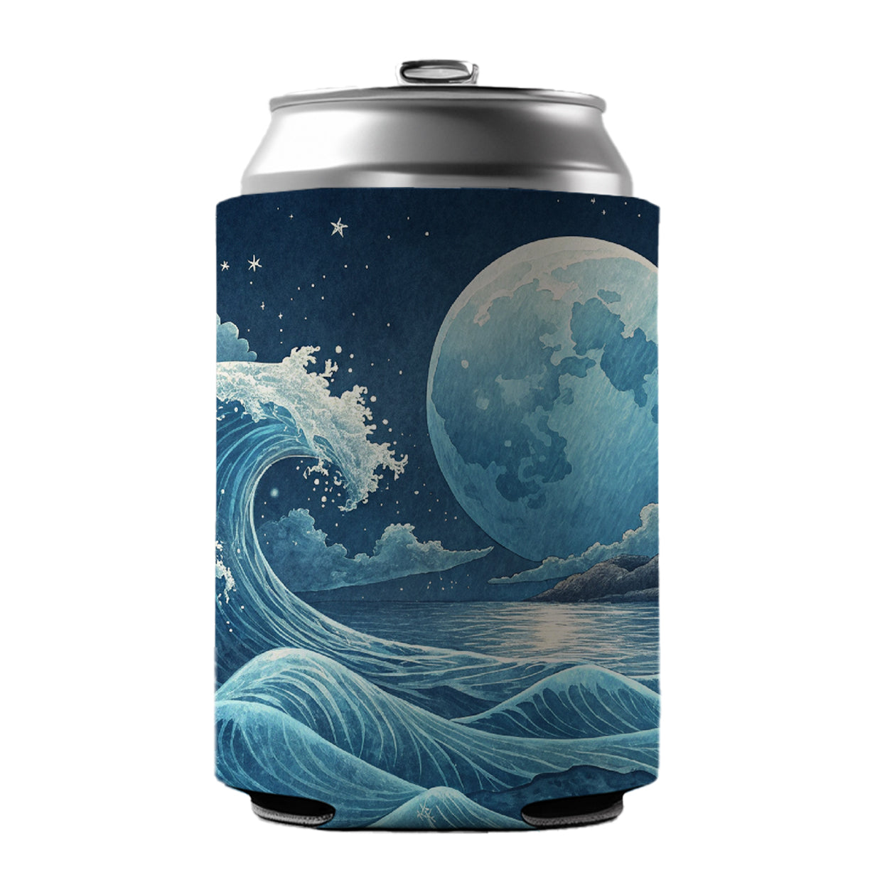 Japanese Ocean Waves Under Large Moon Can Cooler Beer Soda Drink Insulated Holder Sleeve Hugger