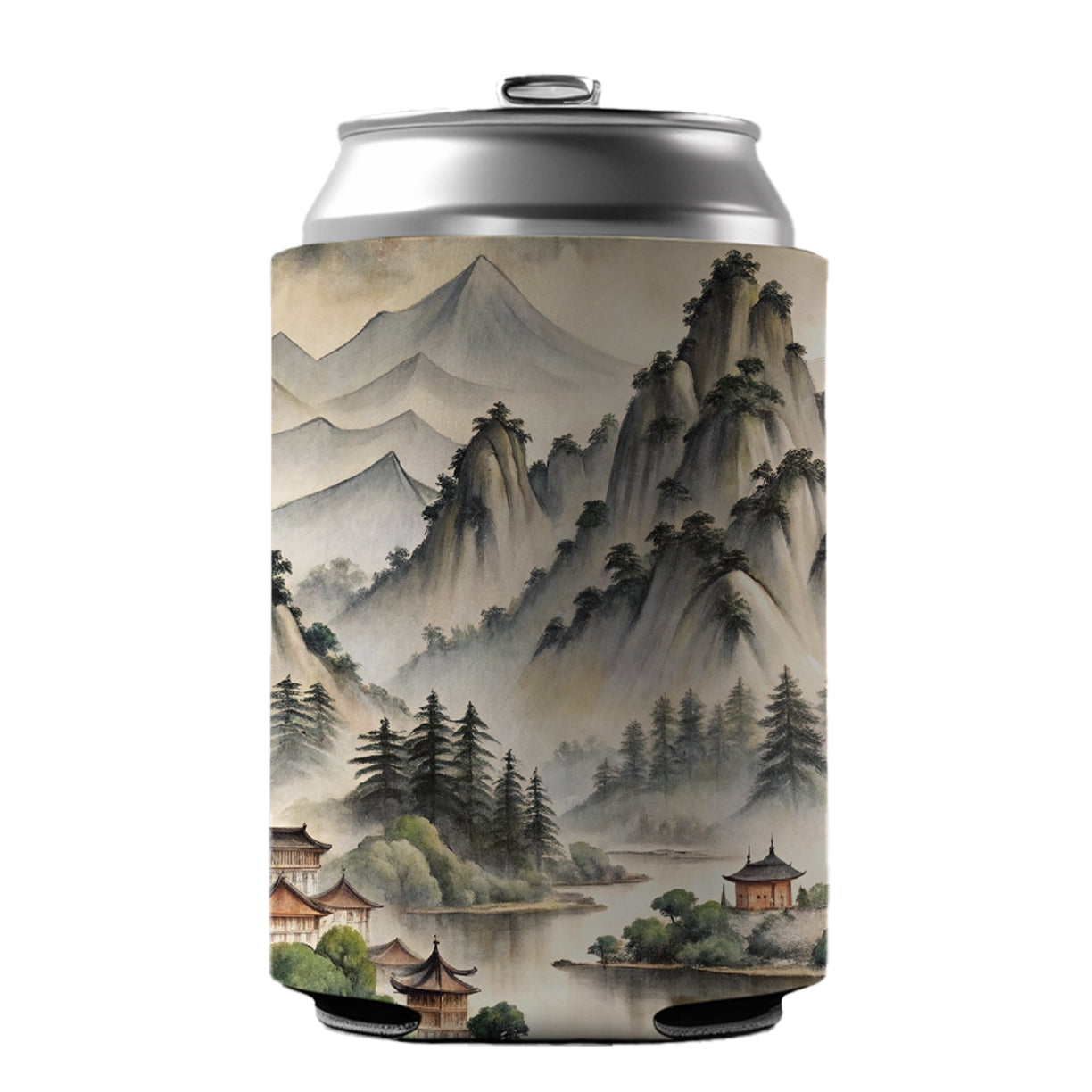 Japanese Style Ink Painting Lake and Mountains Landscape Can Cooler Beer Soda Drink Insulated Holder Sleeve Hugger