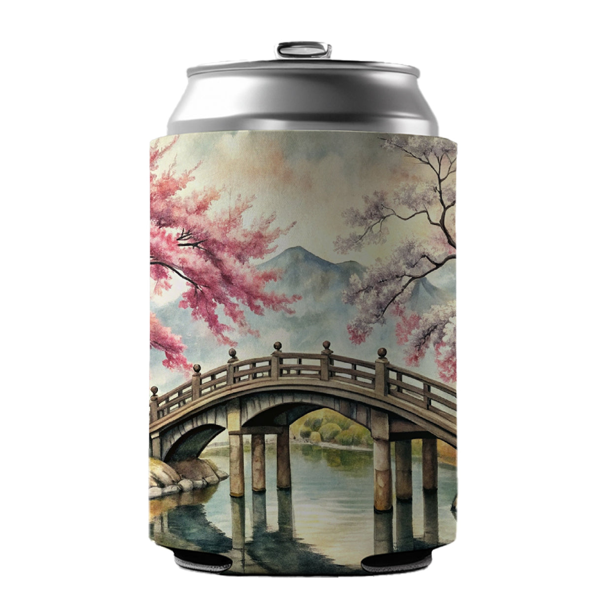 Japanese Style Ink Painting Sakura Trees Bridge Water Landscape Can Cooler Beer Soda Drink Insulated Holder Sleeve Hugger