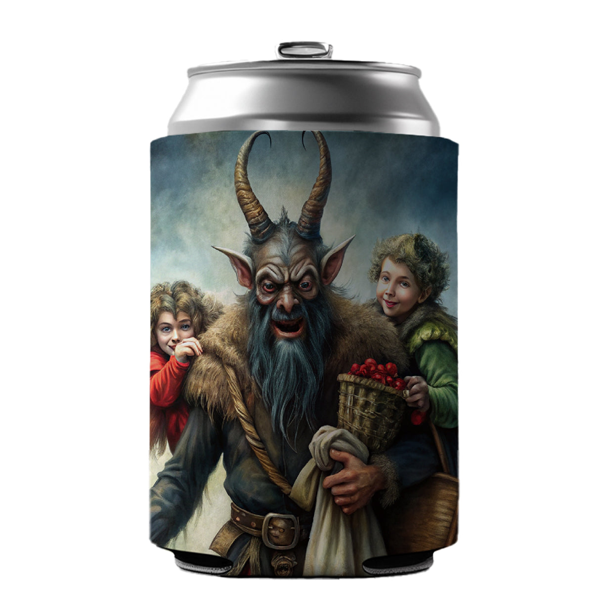 Krampus Carrying Stolen Children at Christmas Can Cooler Beer Soda Drink Insulated Holder Sleeve Hugger