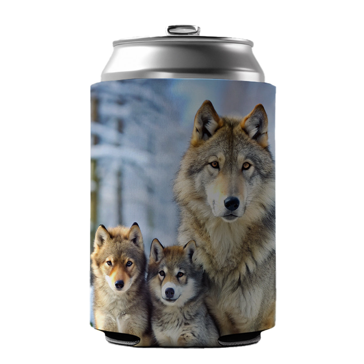 Mother Wolf And Pups In Winter Can Cooler Beer Soda Drink Insulated Holder Sleeve Hugger