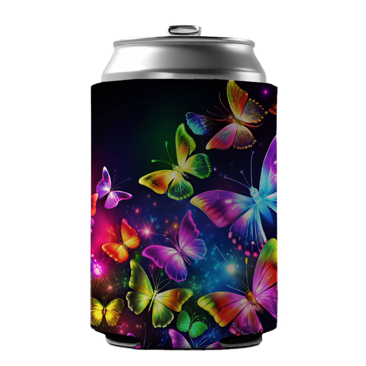 Neon Rainbow Butterflies Can Cooler Beer Soda Drink Insulated Holder Sleeve Hugger