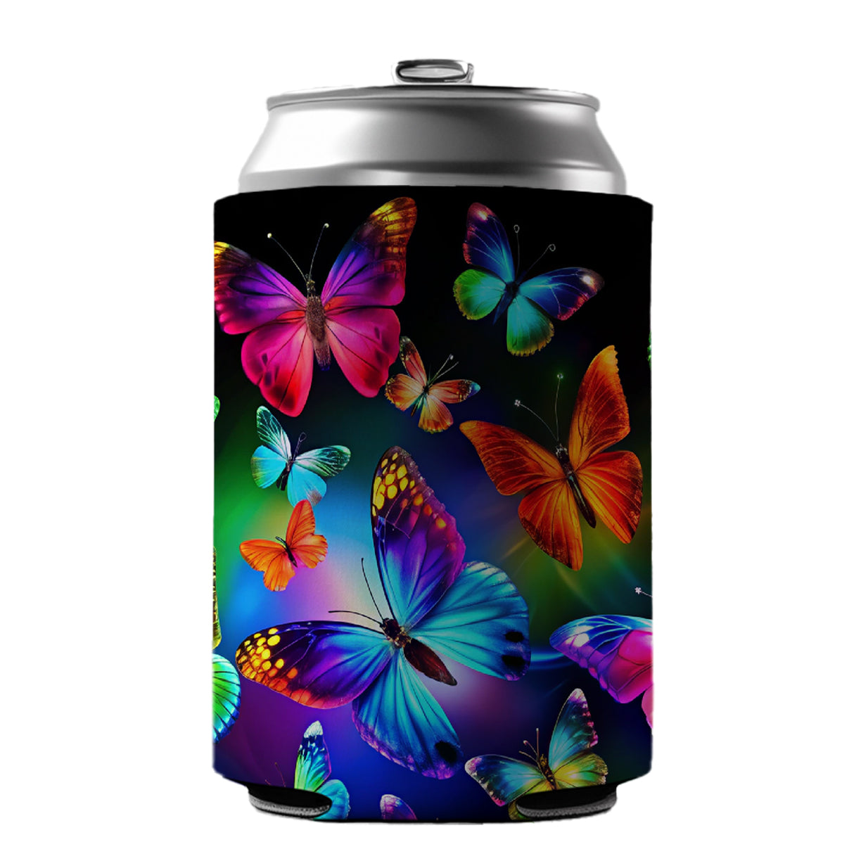 Neon Rainbow Colorful Butterflies Can Cooler Beer Soda Drink Insulated Holder Sleeve Hugger