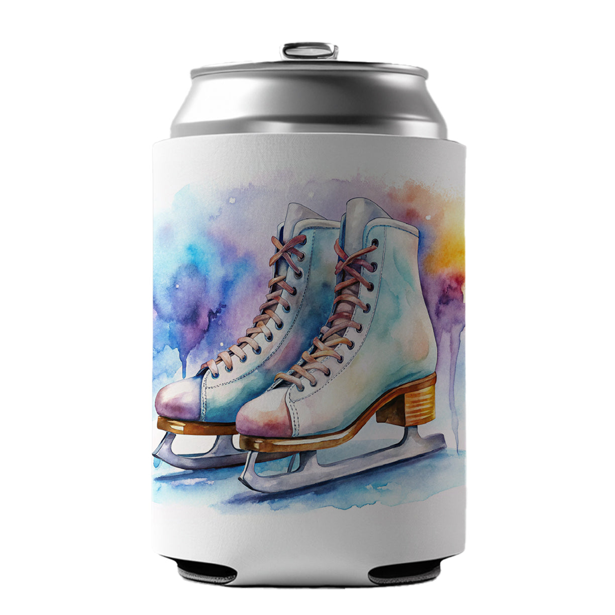 Pair Of Figure Skates Watercolor Can Cooler Beer Soda Drink Insulated Holder Sleeve Hugger