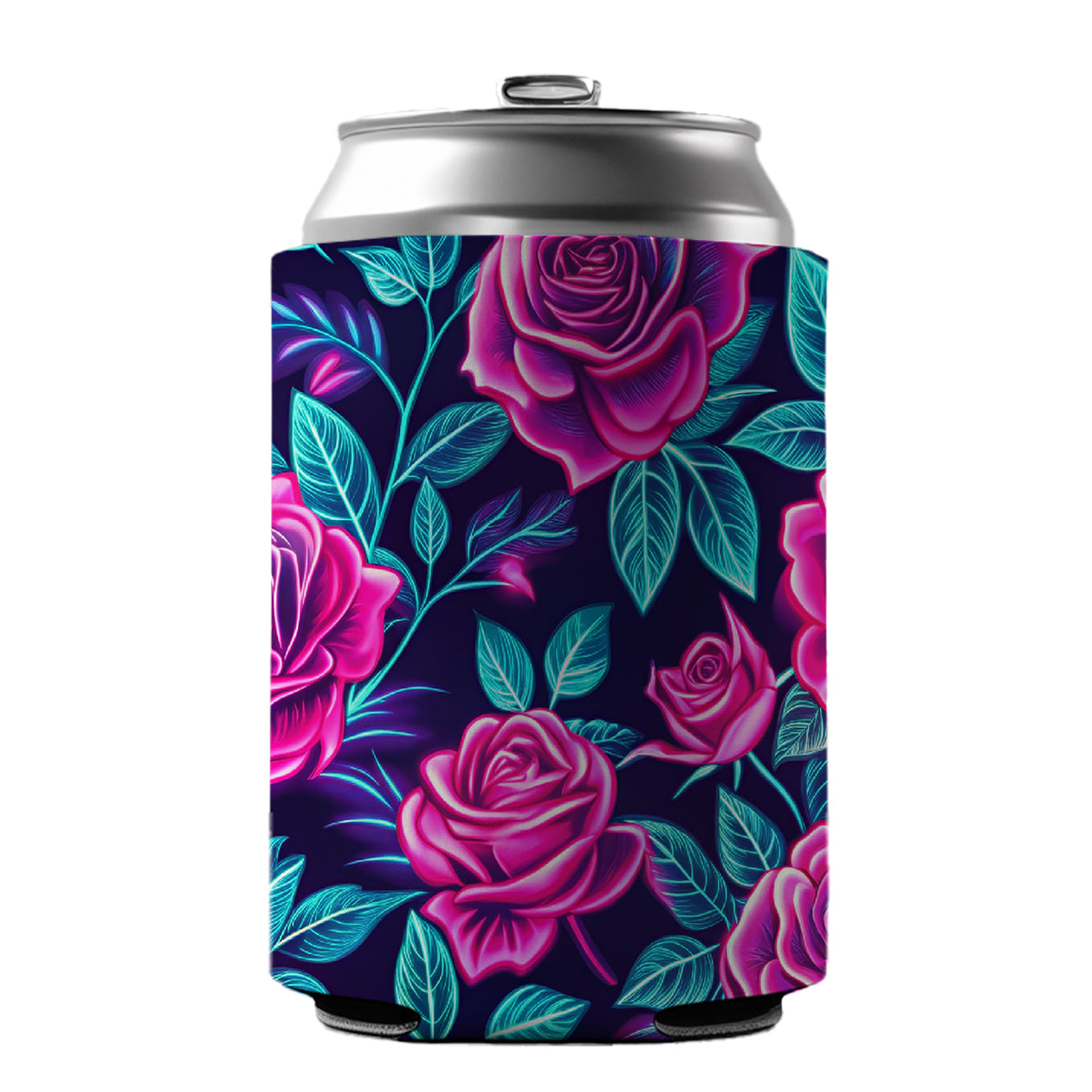 Pink Neon Rose Floral Pattern Can Cooler Beer Soda Drink Insulated Holder Sleeve Hugger