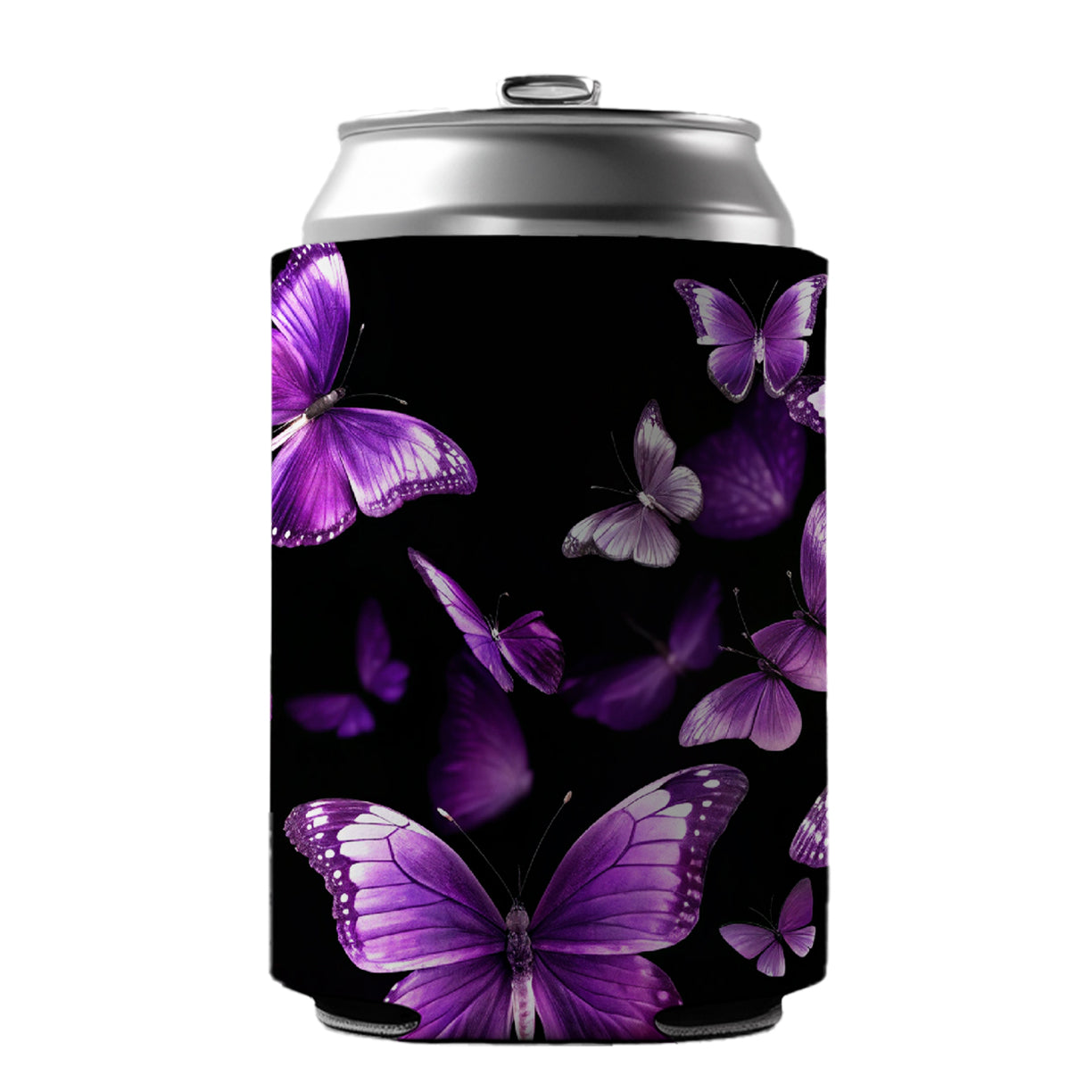 Purple Butterflies Flying Can Cooler Beer Soda Drink Insulated Holder Sleeve Hugger